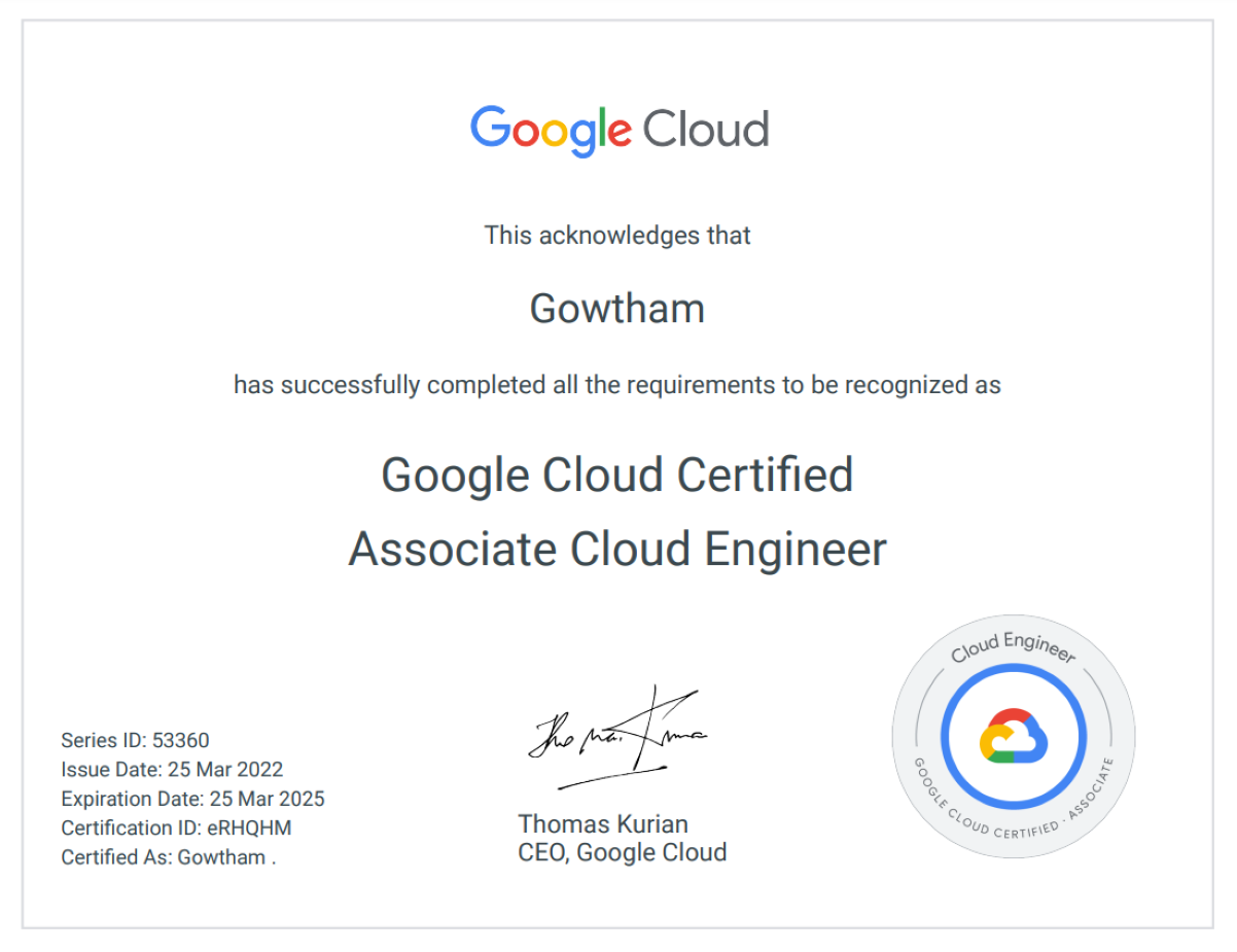 Google Certified Associate Cloud Engineer certificate