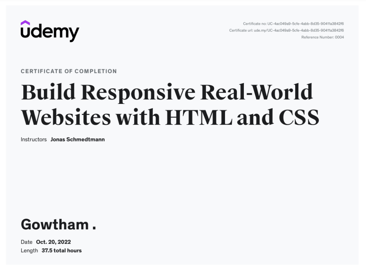 Resposive Real-World Websites with HTML and CSS certificate